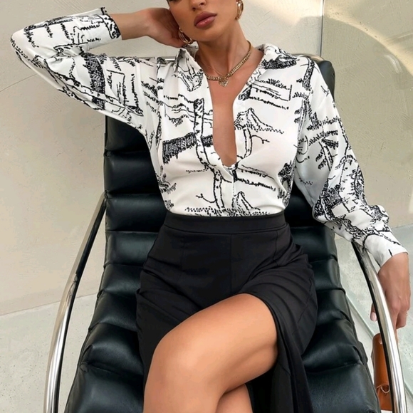 Graphic Print Button Front Blouse - Picture 3 of 7